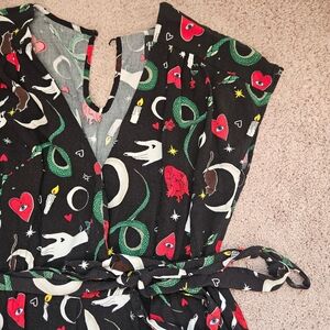Hell Bunny Good Fortune Belted Romper Womens L Goth Retro Hearts Moons Snakes